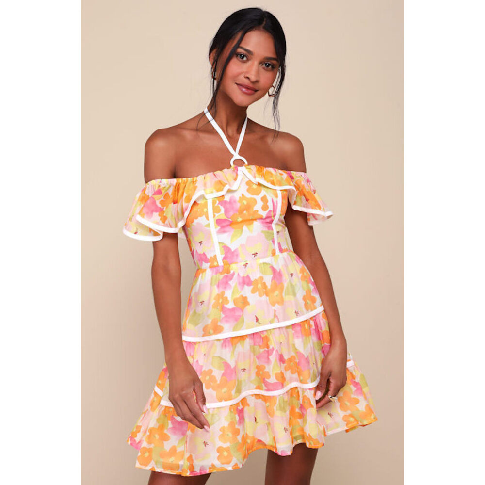 Lulus Cutest Instinct Ivory Floral Halter Cold-shoulder Mini Dress White
